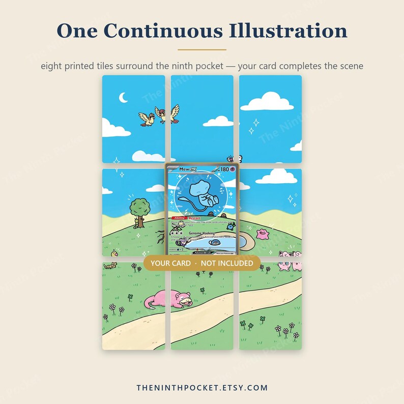 May include: A display set of eight printed tiles featuring a continuous landscape illustration with a central empty ninth pocket for a trading card. The text reads One Continuous Illustration, eight printed tiles surround the ninth pocket, and YOUR CARD - NOT INCLUDED.