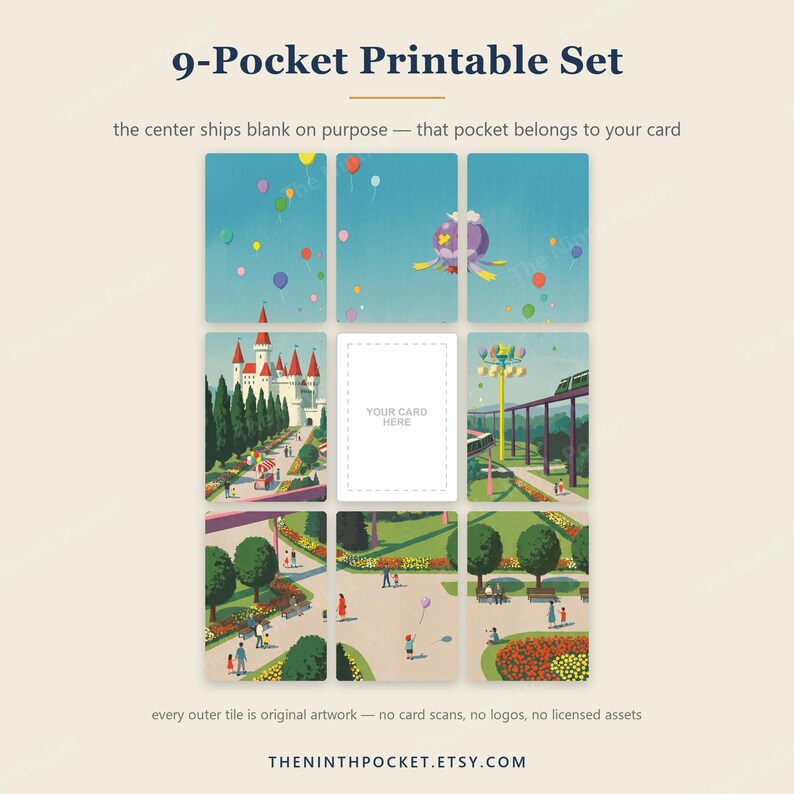 May include: A 9-Pocket Printable Set featuring a grid of nine rectangular cards. The centre card is blank with the text 'YOUR CARD HERE'. The surrounding eight cards display a continuous illustration of a park with a castle, balloons, and a monorail.