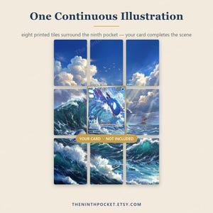 May include: A display of eight printed tiles arranged in a grid, featuring a continuous illustration of a blue ocean with large waves and a sky with clouds. A central empty space is labeled YOUR CARD - NOT INCLUDED for a trading card.