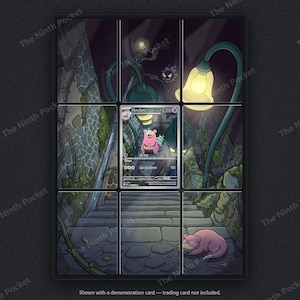 May include: A rectangular display frame featuring a grid of nine panels that form a continuous illustration of a stone staircase at night. The artwork depicts a pink Slowpoke character, a glowing street lamp, and a small Gastly floating in the dark.
