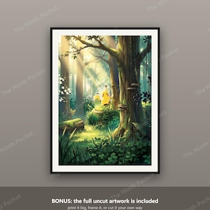 May include: A framed digital art print featuring a yellow Pikachu character standing in a sunlit forest with tall trees, green foliage, and mossy logs. The scene includes light rays filtering through the canopy, creating a bright, natural atmosphere.