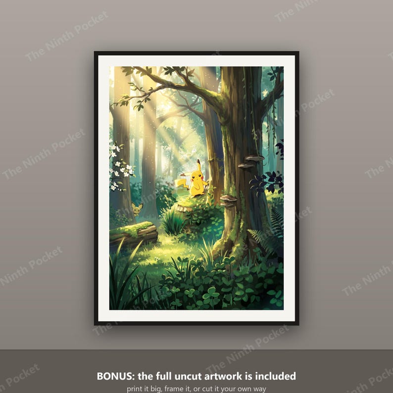 May include: A framed digital art print featuring a yellow Pikachu character standing in a sunlit forest with tall trees, green foliage, and mossy logs. The scene includes light rays filtering through the canopy, creating a bright, natural atmosphere.