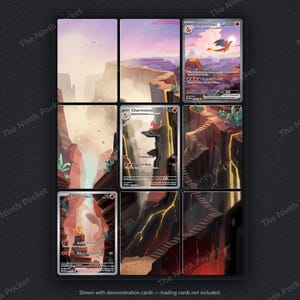 Puede incluir: Una p&aacute;gina de carpeta para cartas coleccionables negra de nueve bolsillos con una ilustraci&oacute;n continua de un paisaje de ca&ntilde;&oacute;n. Tres cartas est&aacute;n insertadas: un Charmander, un Charmeleon y un Charizard ex, mostrando Pok&eacute;mon de fuego.