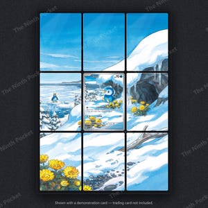 May include: A nine-panel grid display featuring a central Piplup trading card surrounded by an expanded, continuous winter landscape illustration. The artwork depicts a snowy scene with yellow flowers, icy cliffs, and a blue sky background.