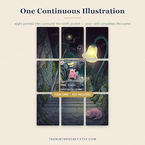 May include: A set of eight printed tiles forming a continuous illustration of a dark, stone staircase at night with glowing street lamps and a pink creature. The text reads One Continuous Illustration, eight printed tiles surround the ninth pocket, and YOUR CARD NOT INCLUDED.