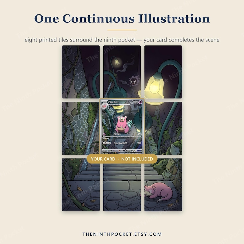 May include: A set of eight printed tiles forming a continuous illustration of a dark, stone staircase at night with glowing street lamps and a pink creature. The text reads One Continuous Illustration, eight printed tiles surround the ninth pocket, and YOUR CARD NOT INCLUDED.