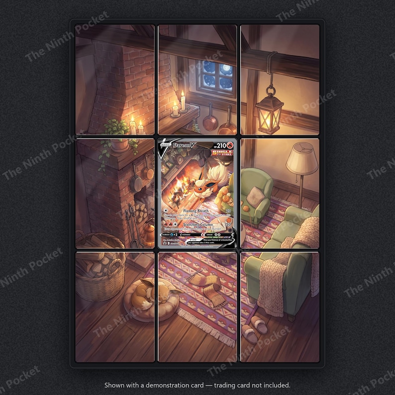Puede incluir: Un marco de exhibici&oacute;n de cuadr&iacute;cula de nueve paneles con una tarjeta coleccionable Flareon V en el centro. La ilustraci&oacute;n muestra una habitaci&oacute;n acogedora con una chimenea de ladrillo, un sill&oacute;n verde, una l&aacute;mpara de pie y un Eevee durmiendo.