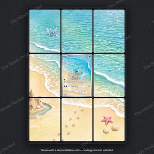 May include: A nine-panel grid display featuring a beach scene with turquoise ocean water, sandy shores, a sandcastle, seashells, and a starfish. The center panel contains a Squirtle trading card with 60 HP, featuring the attacks Withdraw and Skull Bash.