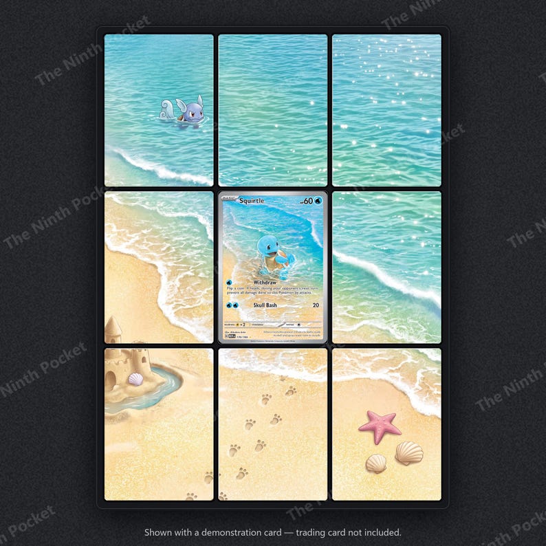 May include: A nine-panel grid display featuring a beach scene with turquoise ocean water, sandy shores, a sandcastle, seashells, and a starfish. The center panel contains a Squirtle trading card with 60 HP, featuring the attacks Withdraw and Skull Bash.