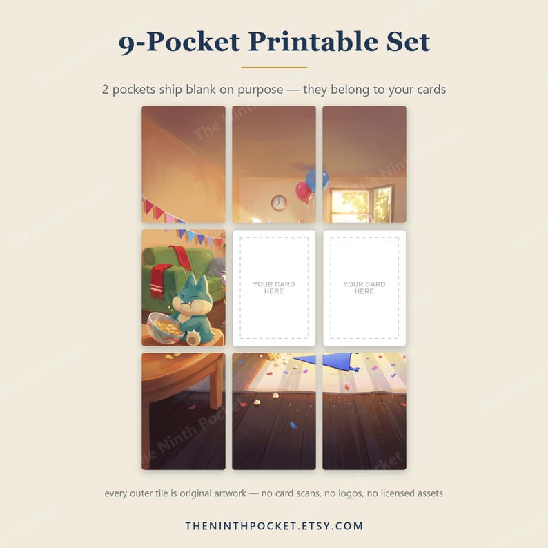May include: A 9-pocket printable set featuring a grid of illustrations depicting a room with a green sofa, balloons, and a small creature eating snacks. Two centre pockets are blank with the text YOUR CARD HERE. Text includes 9-Pocket Printable Set.