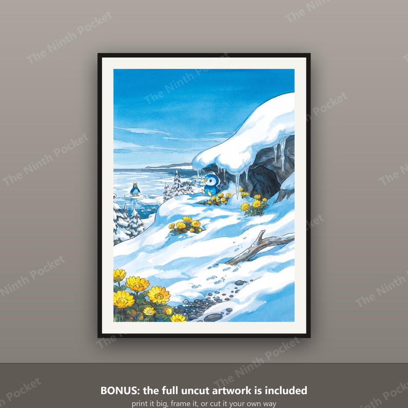 May include: A framed art print featuring a snowy landscape with a blue penguin-like creature near a rocky cave, yellow flowers in the foreground, and a distant icy sea under a bright blue sky. The text "BONUS: the full uncut artwork is included" is visible.