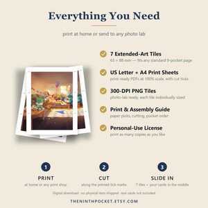 May include: A digital download guide titled Everything You Need, featuring a stack of printed cards with a colourful room illustration. It lists 7 Extended-Art Tiles at 63 x 88 mm, US Letter and A4 print sheets, 300-DPI PNG tiles, a guide, and a licence.