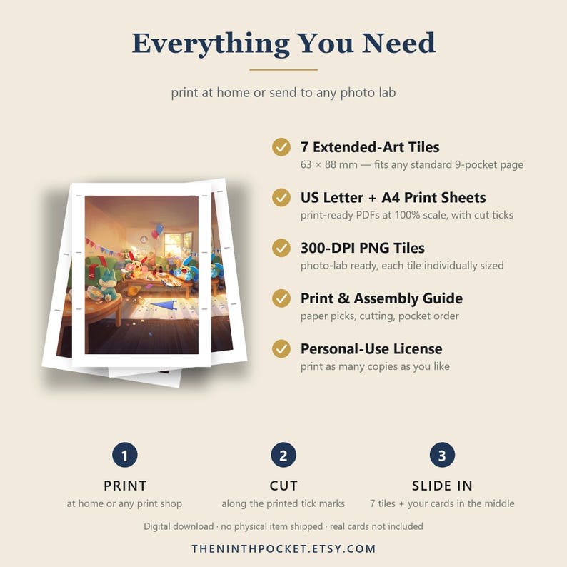 May include: A digital download guide titled Everything You Need, featuring a stack of printed cards with a colourful room illustration. It lists 7 Extended-Art Tiles at 63 x 88 mm, US Letter and A4 print sheets, 300-DPI PNG tiles, a guide, and a licence.