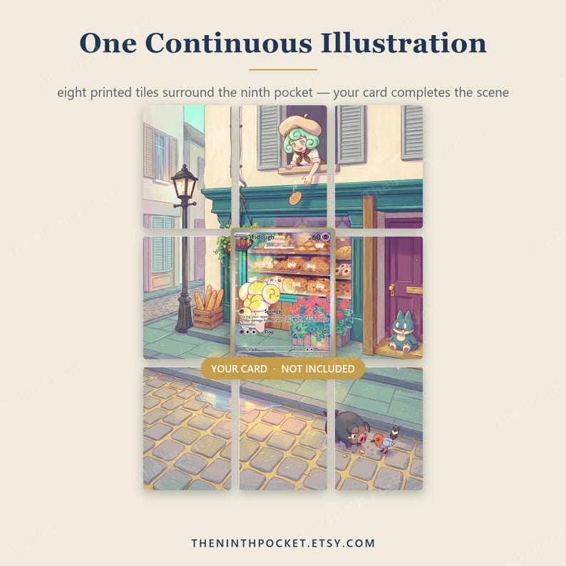May include: A display of eight printed tiles forming a continuous illustration of a street scene with a bakery, a person in a window, and small creatures. The center space is empty for a card, labeled with the text YOUR CARD - NOT INCLUDED.