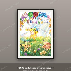 May include: A framed art print featuring a yellow Pikachu wearing a flower crown in a grassy field with a smaller yellow Pichu, surrounded by colorful floating gemstones, mushrooms, and light rays, with the text BONUS: the full uncut artwork is included.