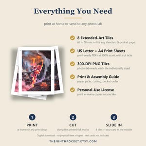 May include: A digital download guide titled Everything You Need featuring 8 extended-art tiles measuring 63 x 88 mm, US Letter and A4 print sheets, 300-DPI PNG tiles, a print and assembly guide, and a personal-use license for card printing.