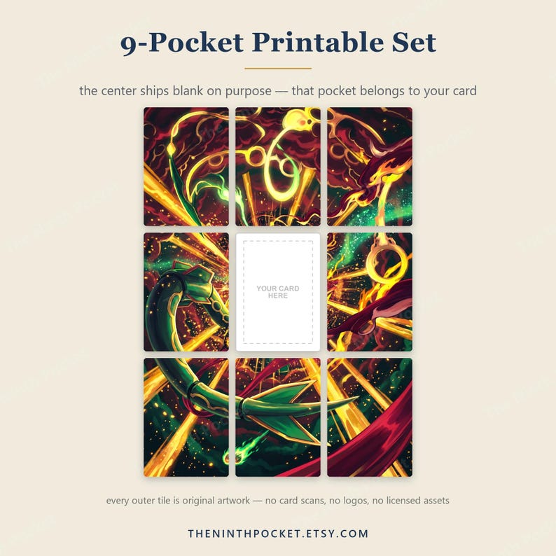 May include: A 9-pocket printable set featuring a vibrant, multi-panel artwork of a green serpentine creature amidst yellow energy beams and dark space. The center pocket is blank with the text 'YOUR CARD HERE' inside a dashed rectangular border.