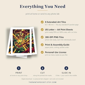 May include: A digital download guide titled Everything You Need featuring 8 Extended-Art Tiles measuring 63 x 88 mm, US Letter and A4 print sheets, 300-DPI PNG tiles, a print and assembly guide, and a personal-use license for printing cards.