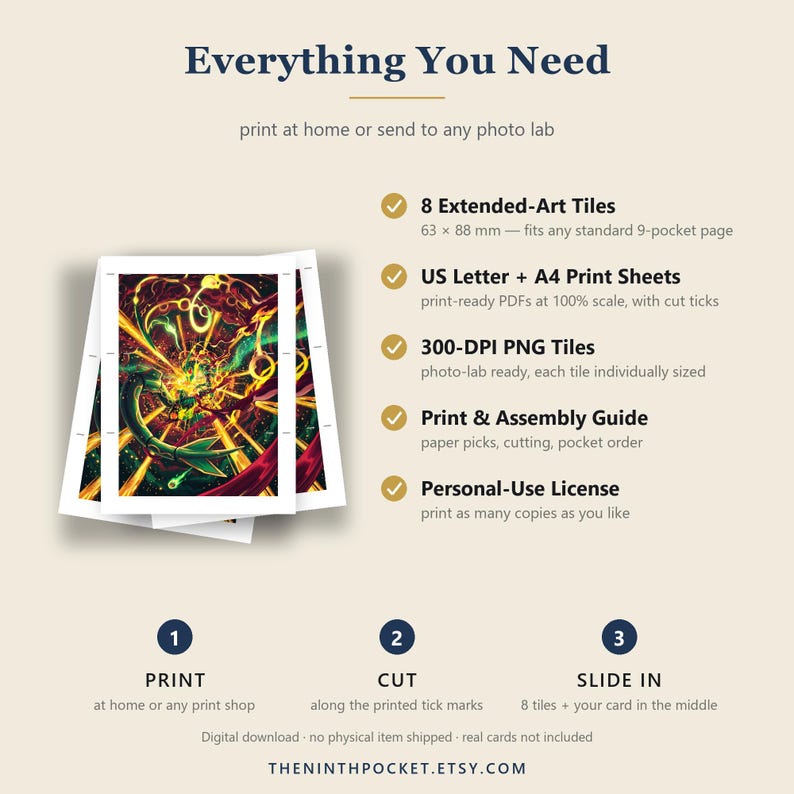 May include: A digital download guide titled Everything You Need featuring 8 Extended-Art Tiles measuring 63 x 88 mm, US Letter and A4 print sheets, 300-DPI PNG tiles, a print and assembly guide, and a personal-use license for printing cards.