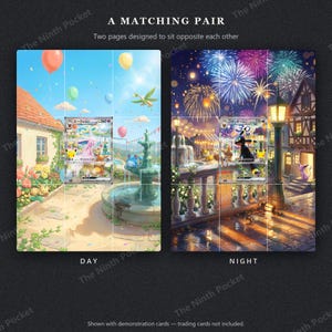 May include: A matching pair of two pages designed to sit opposite each other, labeled DAY and NIGHT. The left page shows a sunny town square with a fountain and balloons. The right page depicts a nighttime scene with fireworks and a streetlamp.