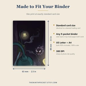 May include: A rectangular card featuring a dark, illustrated scene with a glowing lamp and a purple ghost-like creature. The card measures 2.5 inches by 3.5 inches. Text includes Made to Fit Your Binder, Standard card size, Any 9-pocket binder, US Letter + A4, and 300 DPI.