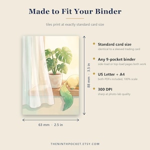 May include: A rectangular card featuring an illustration of a potted monstera plant on a windowsill next to a curtain. The card measures 2.5 inches by 3.5 inches. Text includes Made to Fit Your Binder, Standard card size, and 300 DPI.