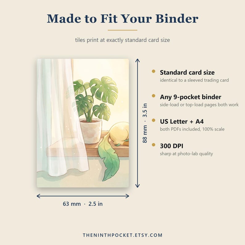May include: A rectangular card featuring an illustration of a potted monstera plant on a windowsill next to a curtain. The card measures 2.5 inches by 3.5 inches. Text includes Made to Fit Your Binder, Standard card size, and 300 DPI.