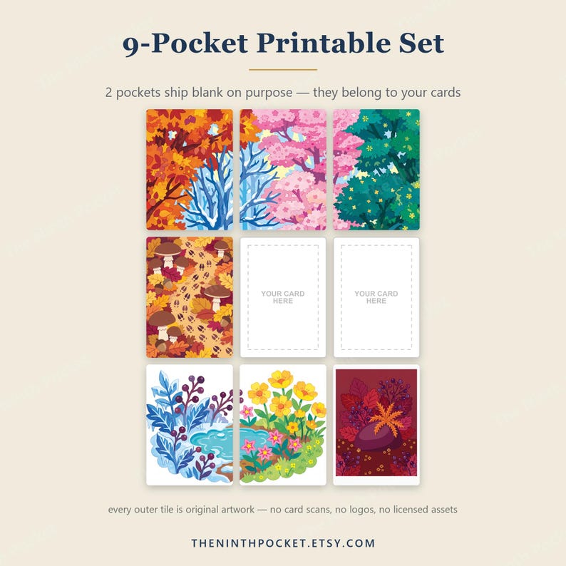 Op de afbeelding: Een printbare set van 9 vakjes met diverse illustraties in natuurthema, waaronder herfstbladeren, kersenbloesems, bospaddenstoelen, een vijver met bloemen en donker gebladerte. Twee vakjes zijn leeg met de tekst YOUR CARD HERE.