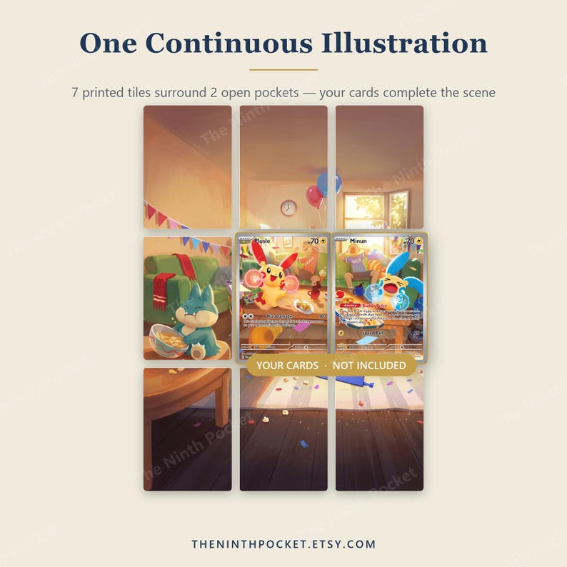 May include: A display board featuring seven printed tiles arranged to form a continuous illustration of a room scene, with two open pockets designed to hold trading cards. The text reads One Continuous Illustration, 7 printed tiles surround 2 open pockets &mdash; your cards complete the scene, YOUR CARDS - NOT INCLUDED, and THENINTHPOCKET.ETSY.COM.