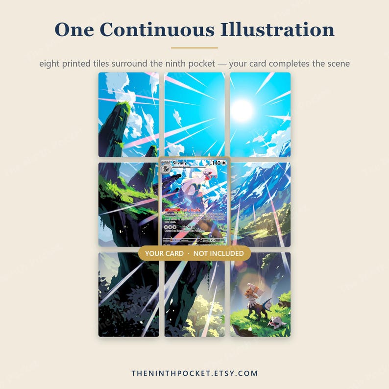 May include: A display set of eight printed tiles arranged in a grid, featuring a continuous blue sky and mountain landscape illustration. A central empty slot holds a Silvally trading card, with a gold label stating YOUR CARD NOT INCLUDED.