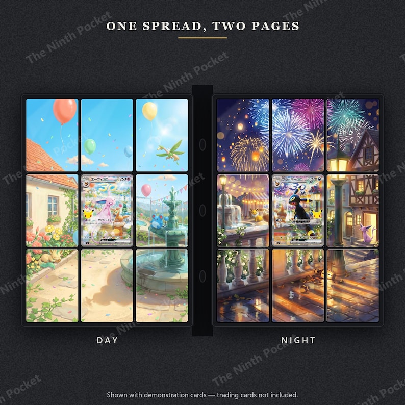 May include: A black trading card binder page featuring a two-page spread display. The left side shows a daytime scene with a fountain and balloons, while the right side depicts a nighttime scene with fireworks and a town. Text reads ONE SPREAD, TWO PAGES.