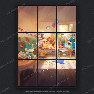 May include: A black display frame with nine rectangular slots, featuring a continuous illustration of a party scene with a green sofa, balloons, and confetti. Two trading cards, Plusle and Minun, are placed in the centre slots of the frame.