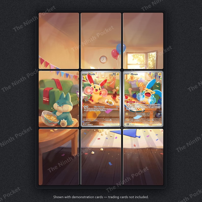 May include: A black display frame with nine rectangular slots, featuring a continuous illustration of a party scene with a green sofa, balloons, and confetti. Two trading cards, Plusle and Minun, are placed in the centre slots of the frame.