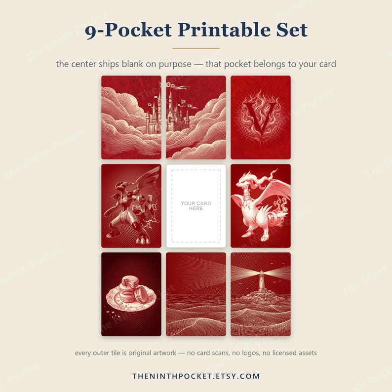 Peut inclure: Un ensemble imprimable de 9 pochettes avec des illustrations rouges et blanches. La grille pr&eacute;sente un ch&acirc;teau dans les nuages, une lettre V, deux cr&eacute;atures draconiques, des macarons, un phare et un espace central vide marqu&eacute; YOUR CARD HERE.