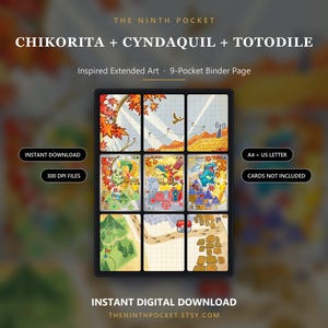 K&ouml;nnte beinhalten: Eine 9-Taschen-Ordnerseite mit erweiterter Grafik f&uuml;r Chikorita, Cyndaquil und Totodile. Das Design zeigt Herbstbl&auml;tter, eine Landschaftskarte und Rasterlinien. Text: THE NINTH POCKET, INSTANT DOWNLOAD, 300 DPI FILES, A4 + US LETTER, CARDS NOT INCLUDED.