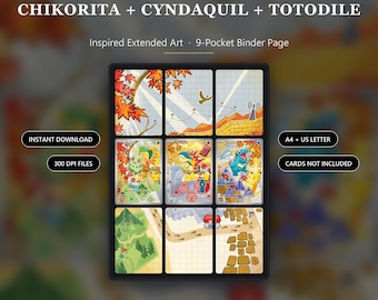 Chikorita, Cyndaquil i Totodile 46, 47, 48 Inspired Extended Art | 9 stron segregatora kieszonkowego | 3-kartowy ekspozytor TCG | Wersja do druku cyfrowego
