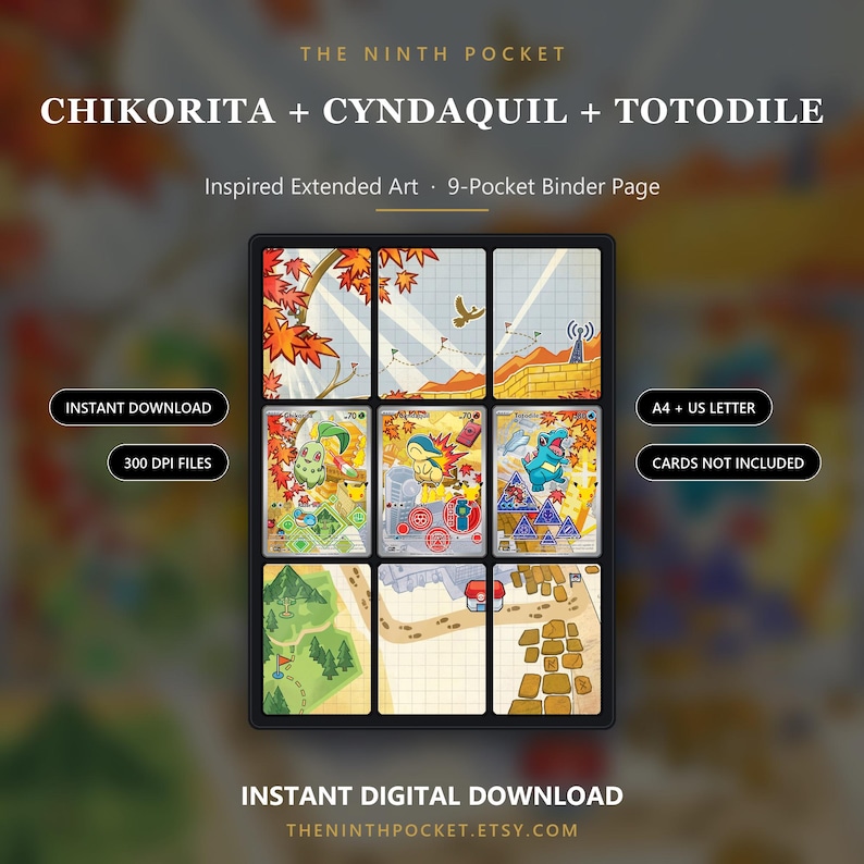 K&ouml;nnte beinhalten: Eine 9-Taschen-Ordnerseite mit erweiterter Grafik f&uuml;r Chikorita, Cyndaquil und Totodile. Das Design zeigt Herbstbl&auml;tter, eine Landschaftskarte und Rasterlinien. Text: THE NINTH POCKET, INSTANT DOWNLOAD, 300 DPI FILES, A4 + US LETTER, CARDS NOT INCLUDED.