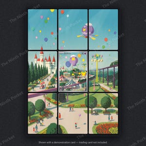 May include: A nine-panel grid display featuring a panoramic illustration of a theme park with a castle, a monorail, and colourful balloons. The central panel displays a Drifloon trading card with 70 HP, showing a purple balloon creature.