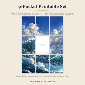 May include: A 9-pocket printable set featuring a grid of nine rectangular cards. The outer eight cards display a continuous ocean and sky scene with clouds, waves, and a distant volcano. The center card is blank with the text YOUR CARD HERE.