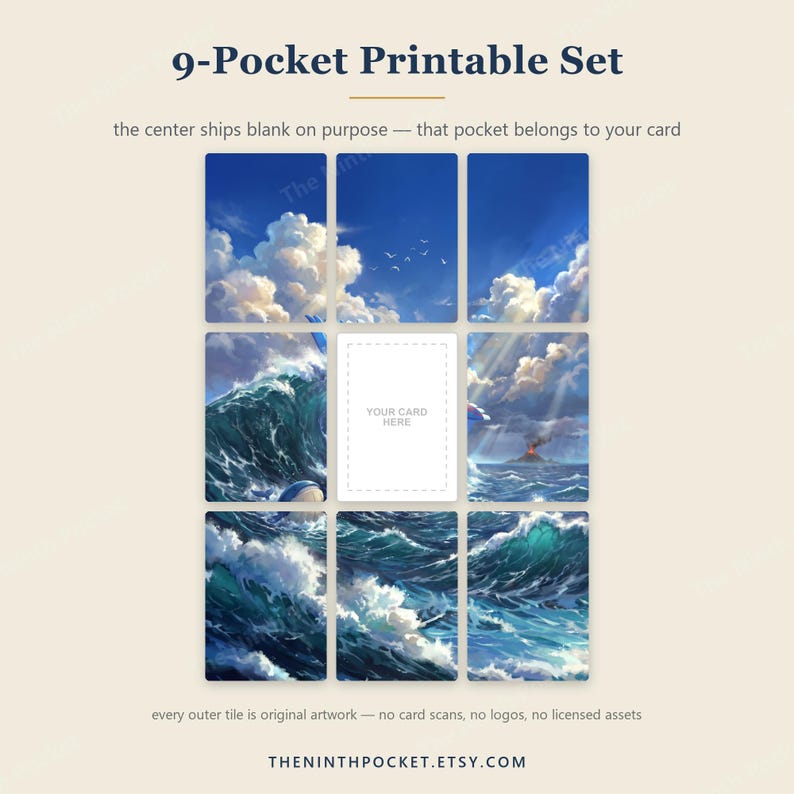 May include: A 9-pocket printable set featuring a grid of nine rectangular cards. The outer eight cards display a continuous ocean and sky scene with clouds, waves, and a distant volcano. The center card is blank with the text YOUR CARD HERE.