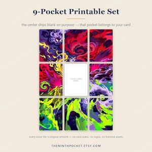 Pode incluir: Um conjunto imprim&iacute;vel de 9 bolsos com oito cart&otilde;es retangulares com padr&otilde;es abstratos e rodopiantes em tons de roxo, vermelho, verde e amarelo. O bolso central &eacute; um ret&acirc;ngulo branco com o texto YOUR CARD HERE.