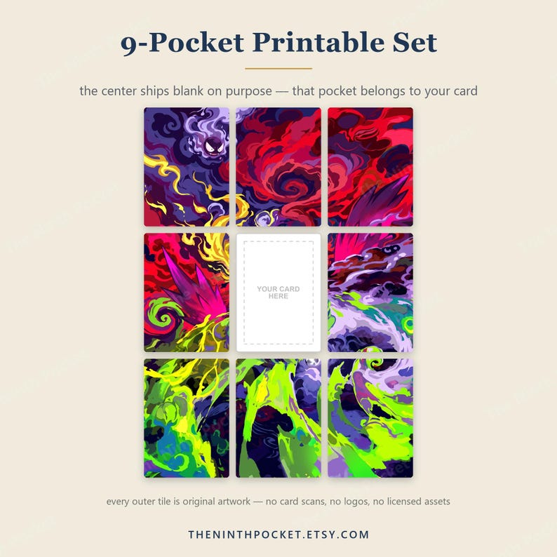 Pode incluir: Um conjunto imprim&iacute;vel de 9 bolsos com oito cart&otilde;es retangulares com padr&otilde;es abstratos e rodopiantes em tons de roxo, vermelho, verde e amarelo. O bolso central &eacute; um ret&acirc;ngulo branco com o texto YOUR CARD HERE.