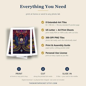 May include: A digital download guide titled Everything You Need, featuring a stack of printed cards with intricate, colorful, symmetrical patterns. It lists 8 Extended-Art Tiles at 63 x 88 mm, US Letter and A4 print sheets, 300-DPI PNG tiles, a guide, and a license.