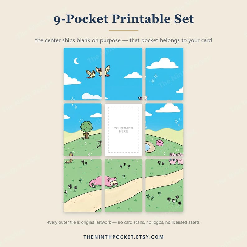 May include: A 9-pocket printable set featuring a grid of nine rectangular cards. The design displays a blue sky with clouds and a green landscape with a path, trees, flowers, and cartoon creatures. The center card is blank with the text YOUR CARD HERE.