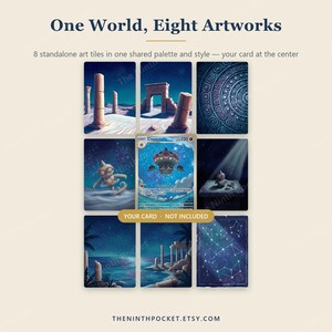 May include: Eight rectangular art tiles arranged in a grid around a central Claydol trading card. The tiles feature blue-toned illustrations of desert ruins, starry night skies, constellations, and a small figure, with the text One World, Eight Artworks.