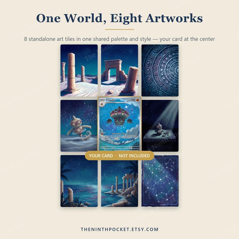 May include: Eight rectangular art tiles arranged in a grid around a central Claydol trading card. The tiles feature blue-toned illustrations of desert ruins, starry night skies, constellations, and a small figure, with the text One World, Eight Artworks.
