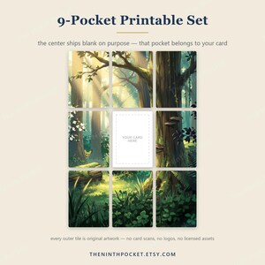 May include: A 9-pocket printable set featuring a forest landscape divided into nine rectangular tiles. The center tile is blank with a dashed border and the text 'YOUR CARD HERE'. The surrounding tiles depict trees, foliage, and sunlight.