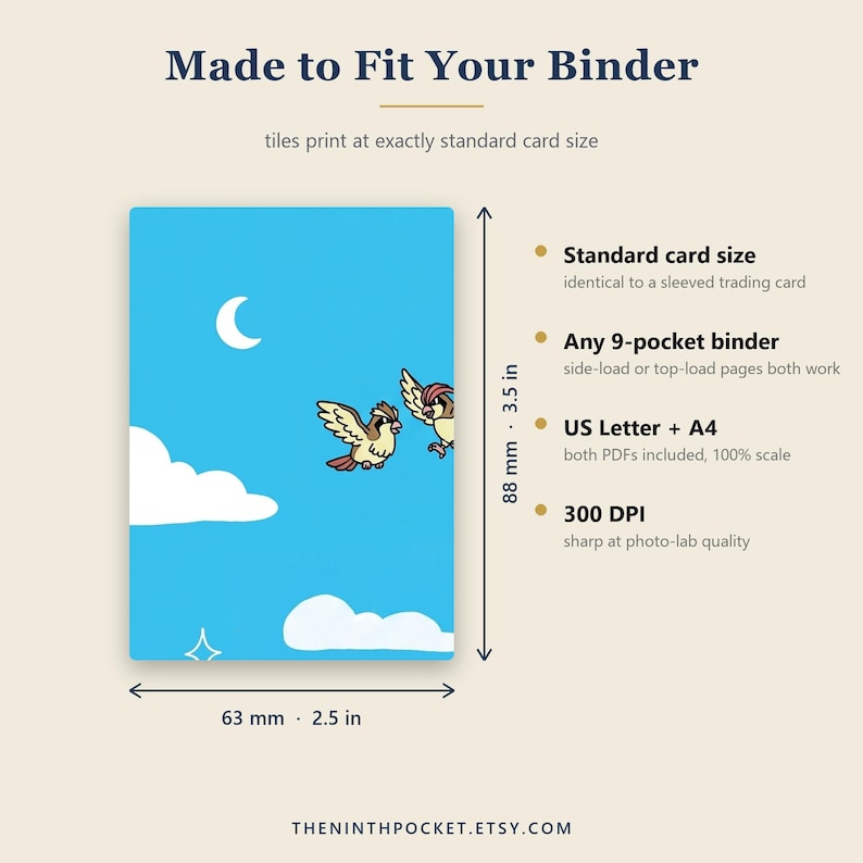 May include: A rectangular card with a blue sky, white clouds, a crescent moon, and two small brown birds. Text reads Made to Fit Your Binder, Standard card size, Any 9-pocket binder, US Letter + A4, 300 DPI. Dimensions are 3.5 inches by 2.5 inches.