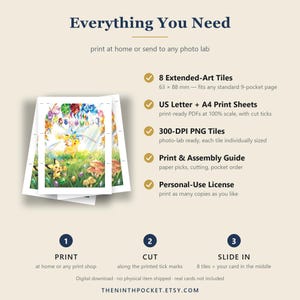 May include: A digital download guide titled Everything You Need featuring 8 extended-art tiles measuring 63 x 88 mm, US letter and A4 print sheets, 300-DPI PNG tiles, a print and assembly guide, and a personal-use license for printing cards.