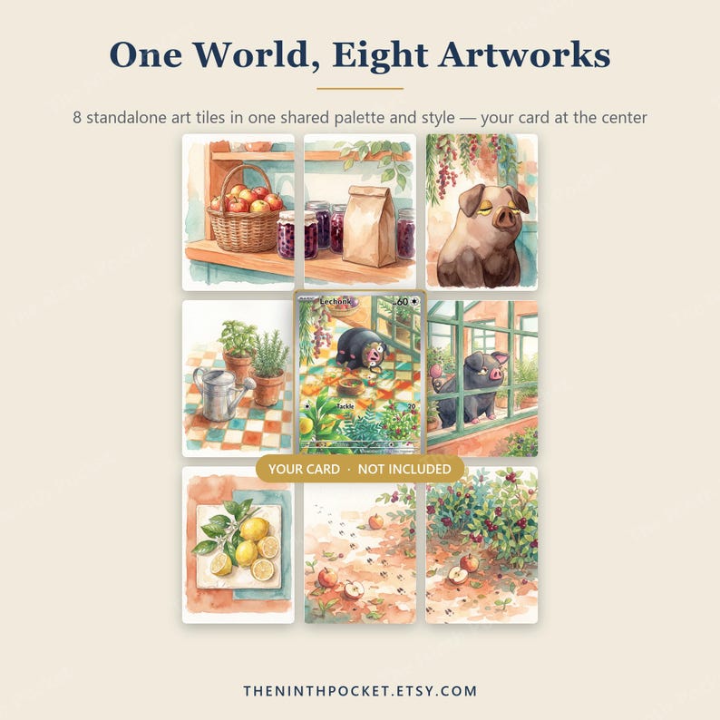Op de afbeelding: Acht rechthoekige kunsttegels in een raster met aquarelillustraties van een varken, fruitmanden, potplanten en tuintaferelen. De tekst One World, Eight Artworks staat bovenaan, met een centrale plek voor een kaart in het midden.